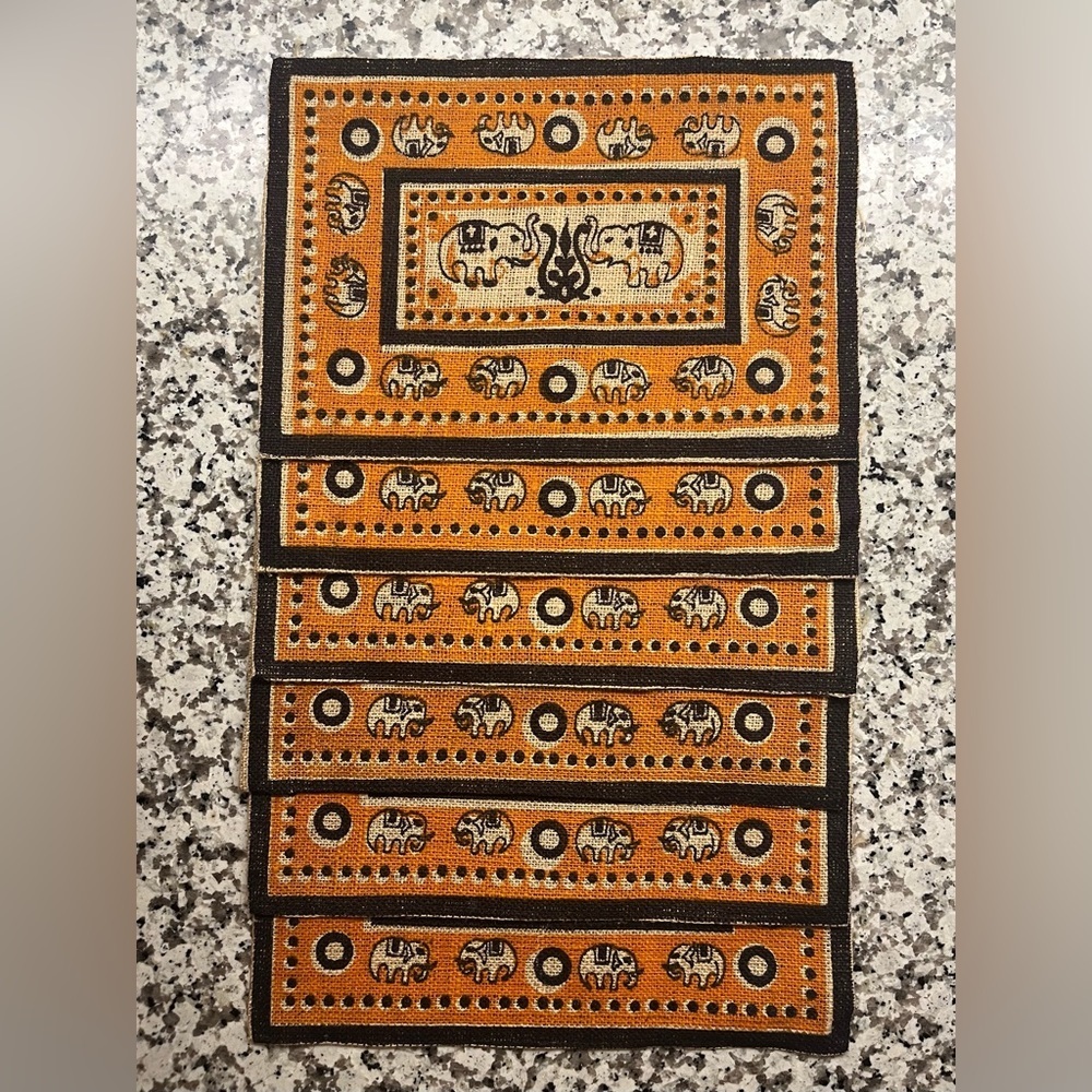 Burlap Placemats Elephants Boho Style Orange/Brown 15.5”X11” Set Of 6 GUC